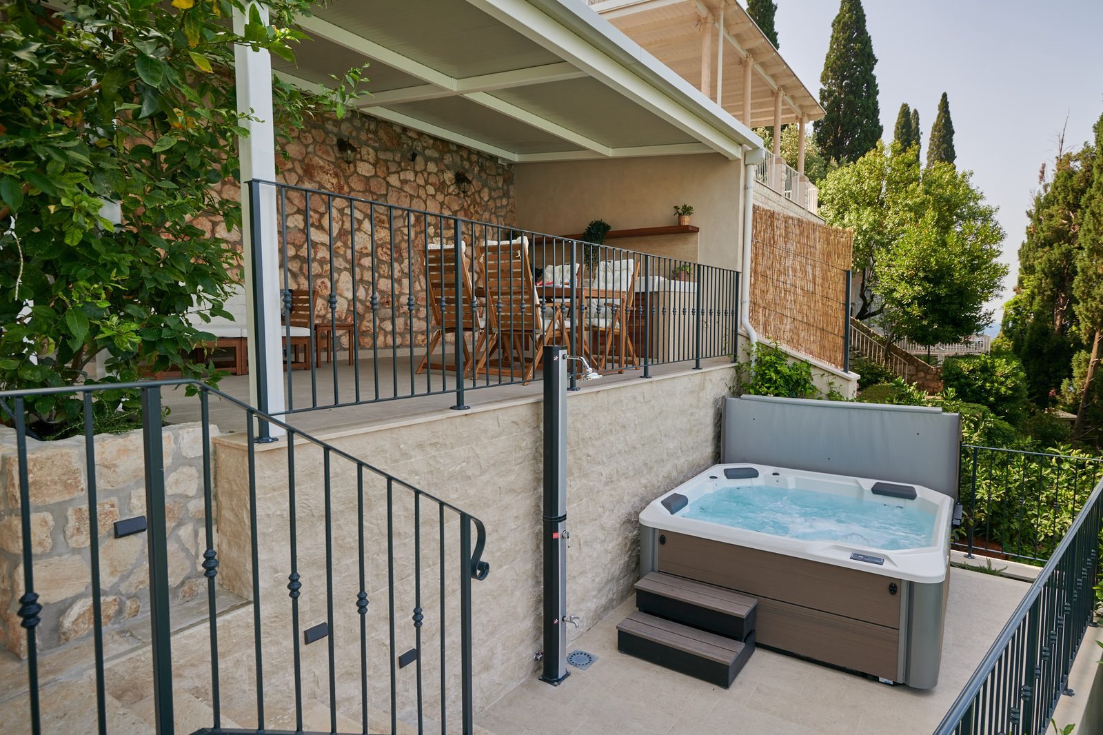 Hot tub on terrace at golden hour